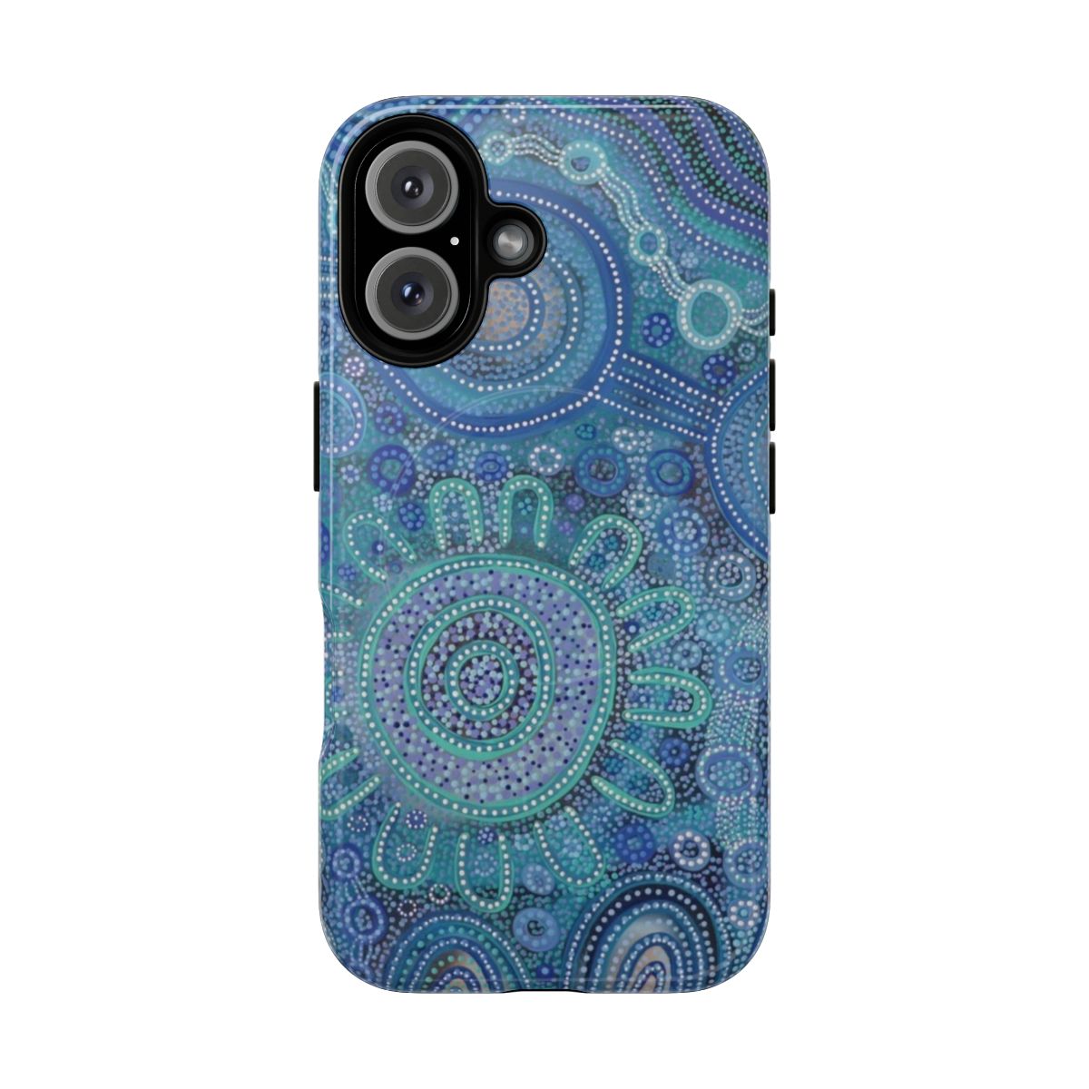 A blue and white phone case featuring an aboriginal-inspired design with a family gathering at the beach.