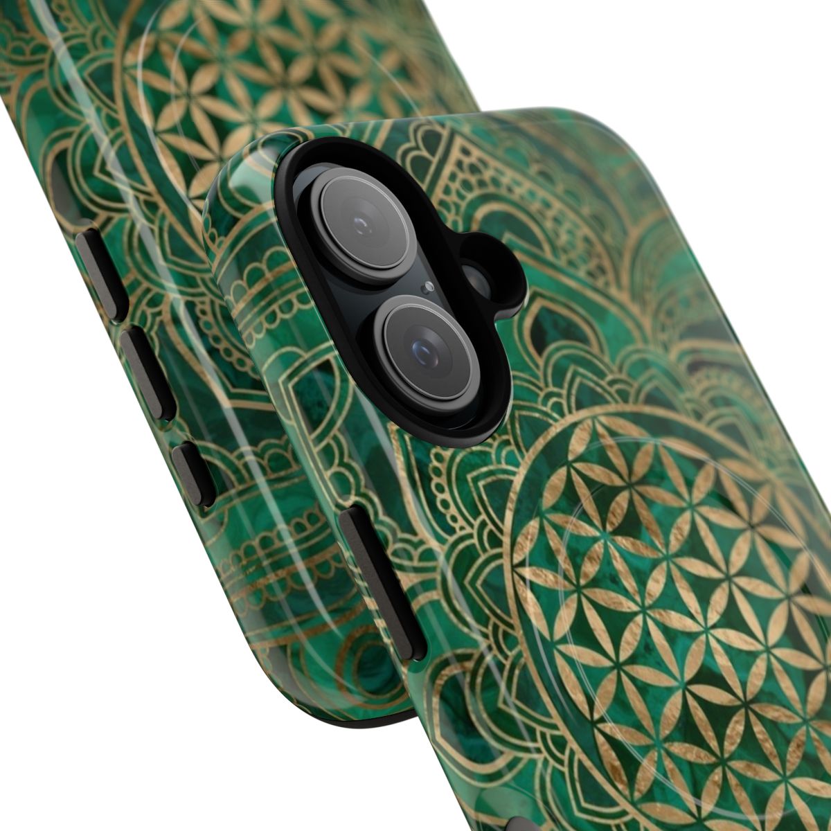 Flower of Life design in malachite and gold on a magnetic tough phone case - Detail