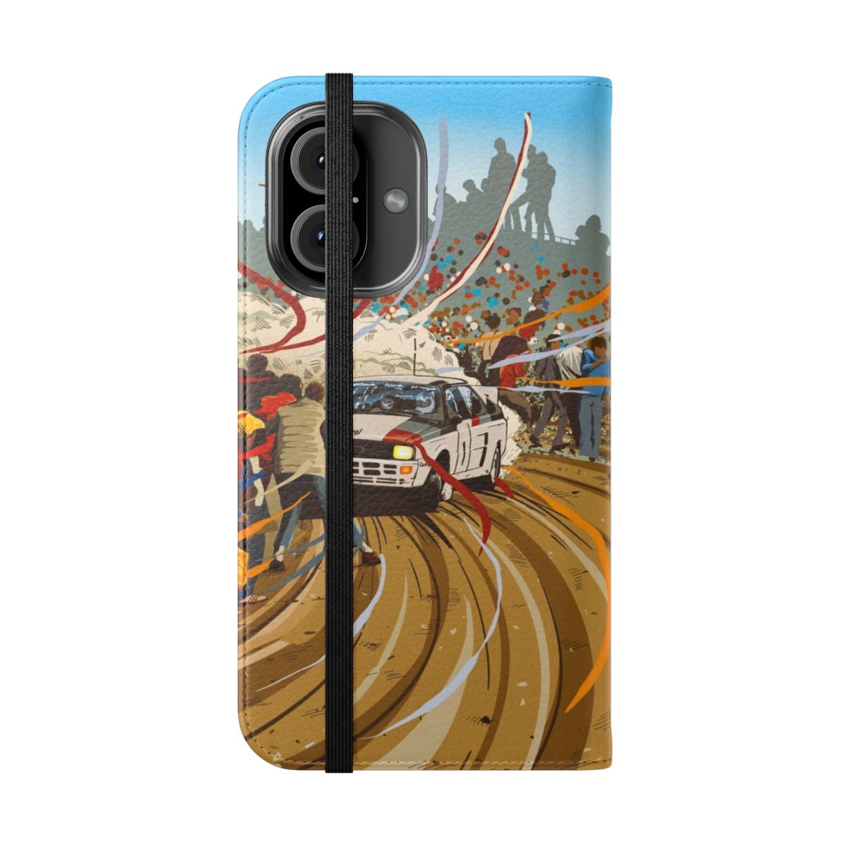 Audi Quattro-inspired flip phone case featuring vintage group B rally artwork - Folded Front