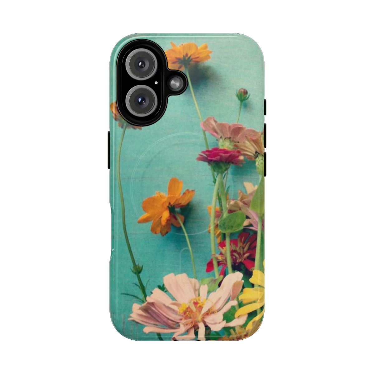 Rustic floral magnetic tough phone case with bouquet of cosmos, zinnias, and other botanical elements in aqua, blue, and orange tones.