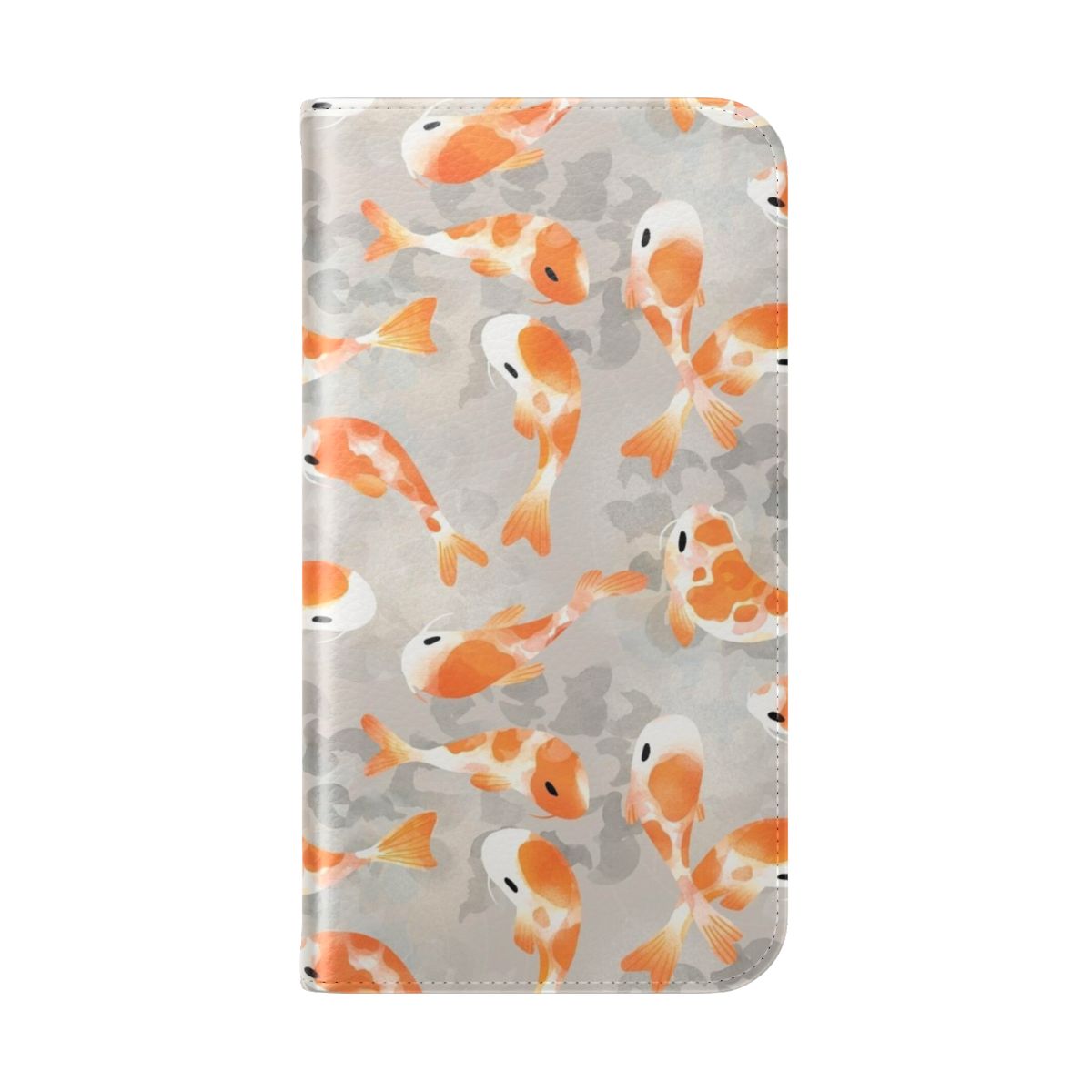 Closeup of a vibrant watercolor painting of orange and grey koi fish on a phone case. - Folded Back