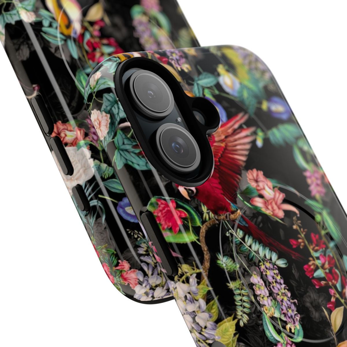 Vibrant floral and bird pattern phone case with a nature-inspired botanical design - Detail