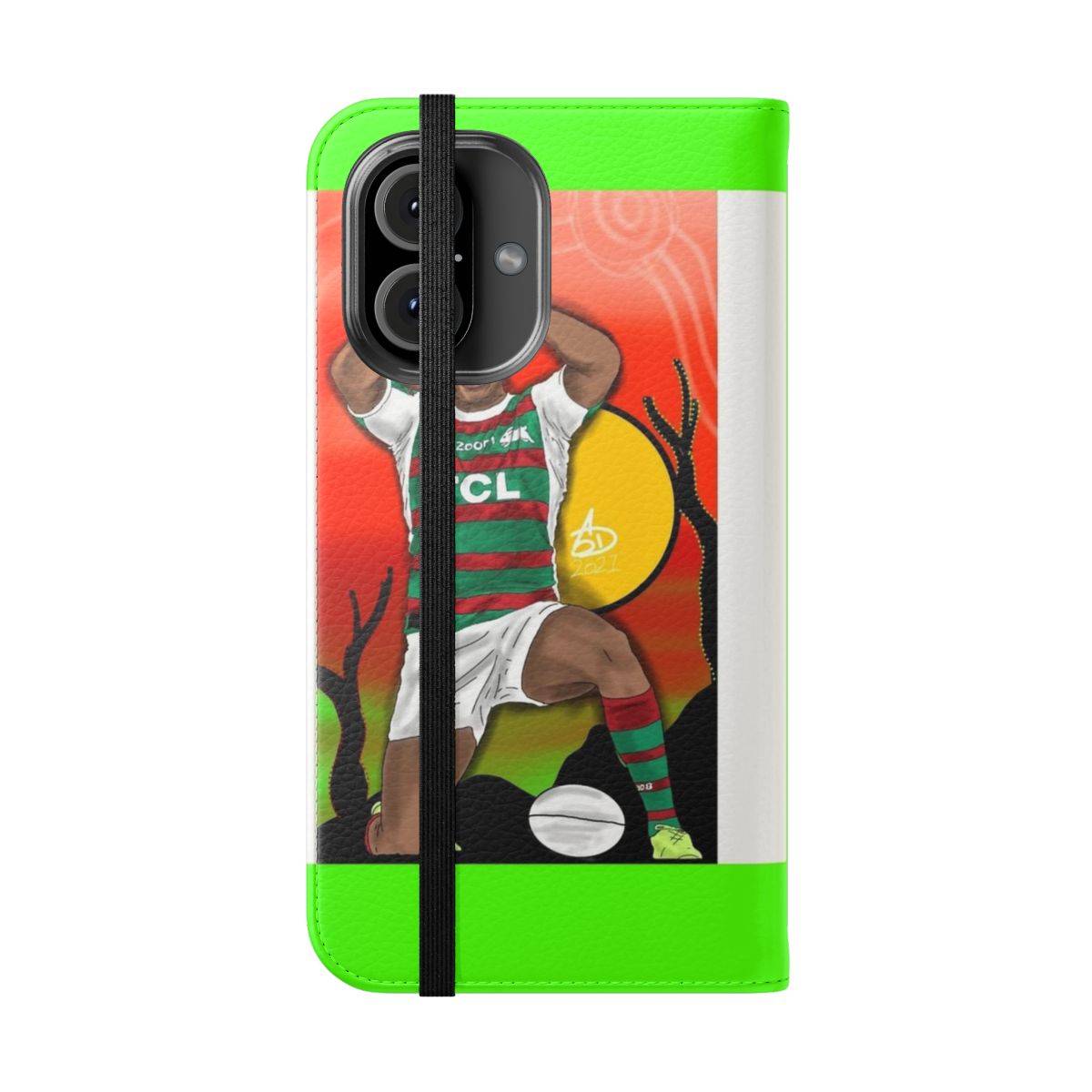 Customizable phone case featuring rugby league player Larrell Mitchell of the South Sydney Rabbitohs - Folded Front