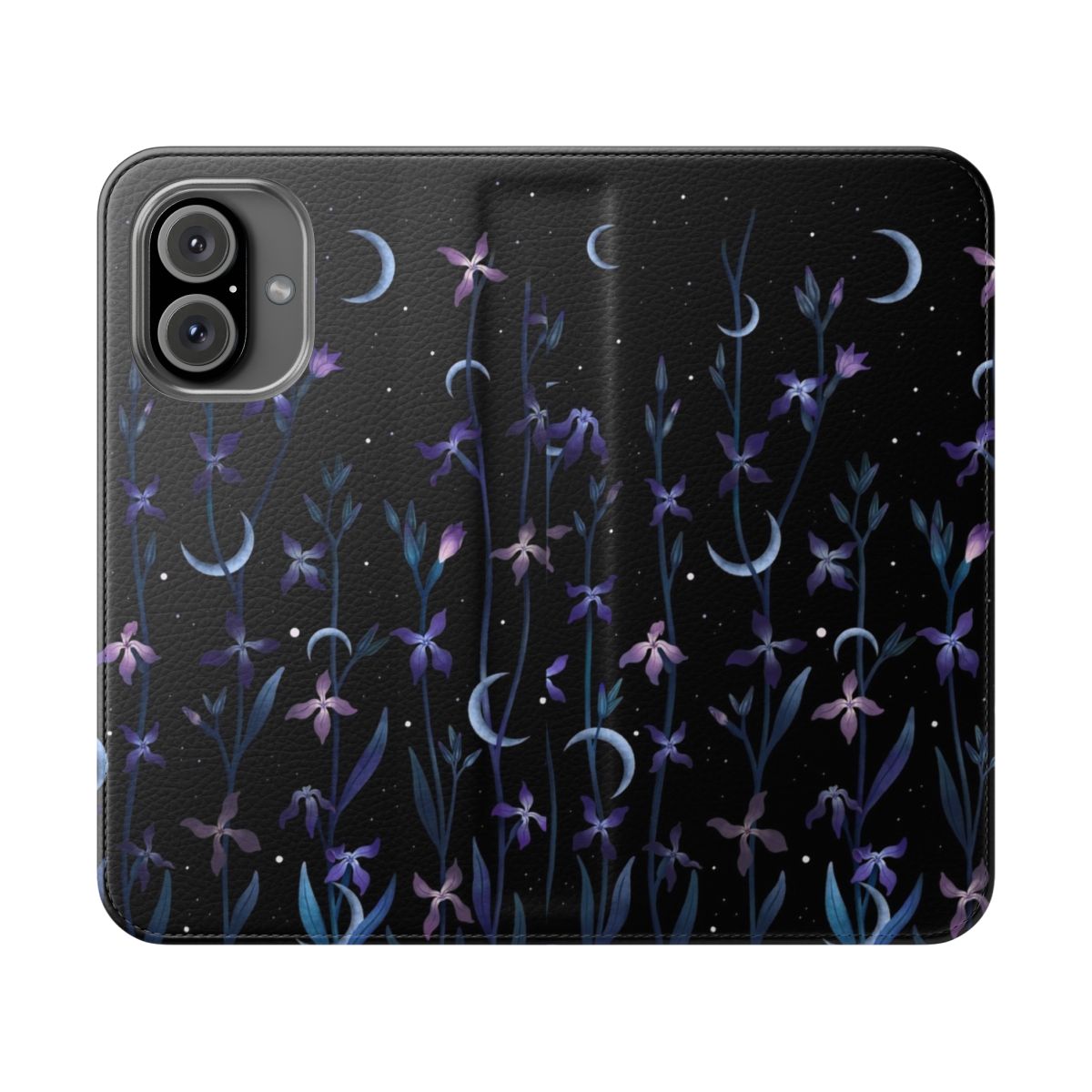 Elegant flip cover phone case featuring a botanical and moonlight design