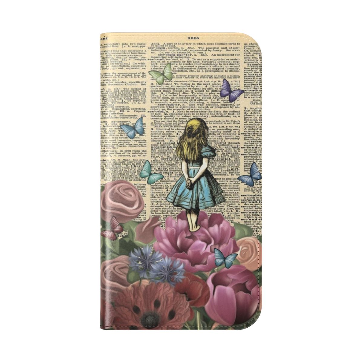 Vintage-style phone case featuring a whimsical "Wonderland Garden" design inspired by Alice in Wonderland. - Folded Back