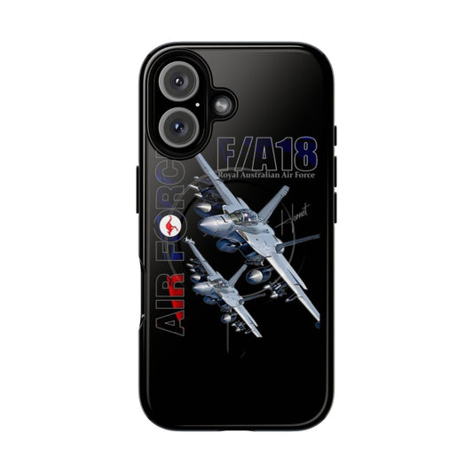 Phone case with detailed F-18 Hornet fighter jet artwork