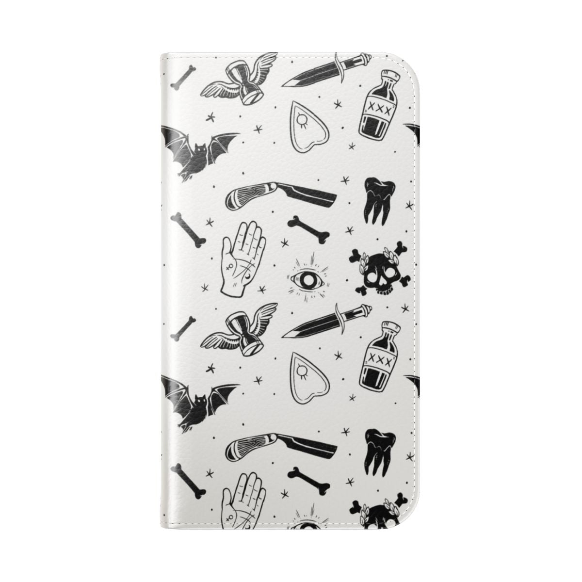 Detailed phone case featuring a macabre, gothic design with skulls, bats, and occult symbols in a dark, spooky style. - Folded Back