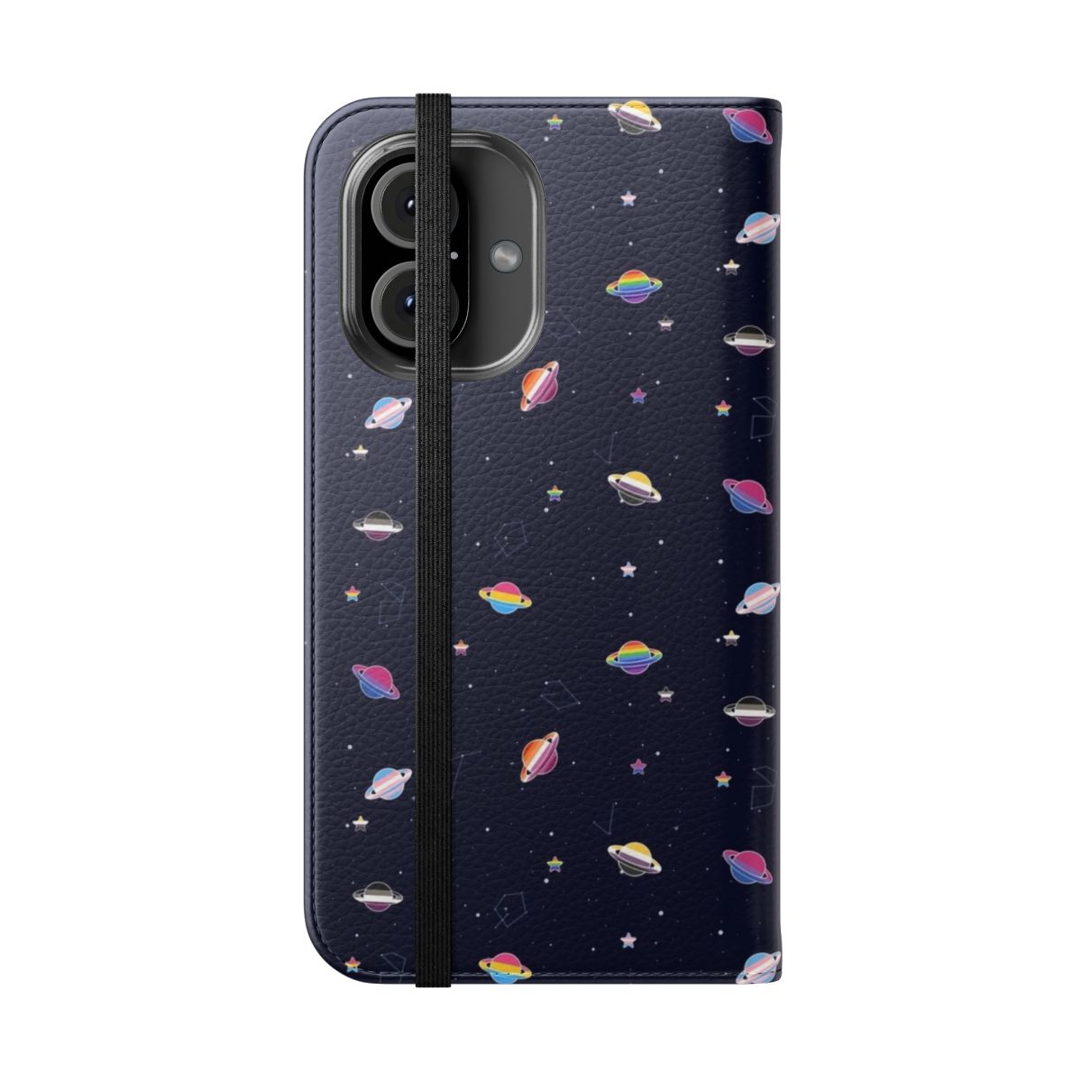 LGBTQ pride-themed phone case with a cosmic pattern of planets, stars, and the night sky. - Folded Front