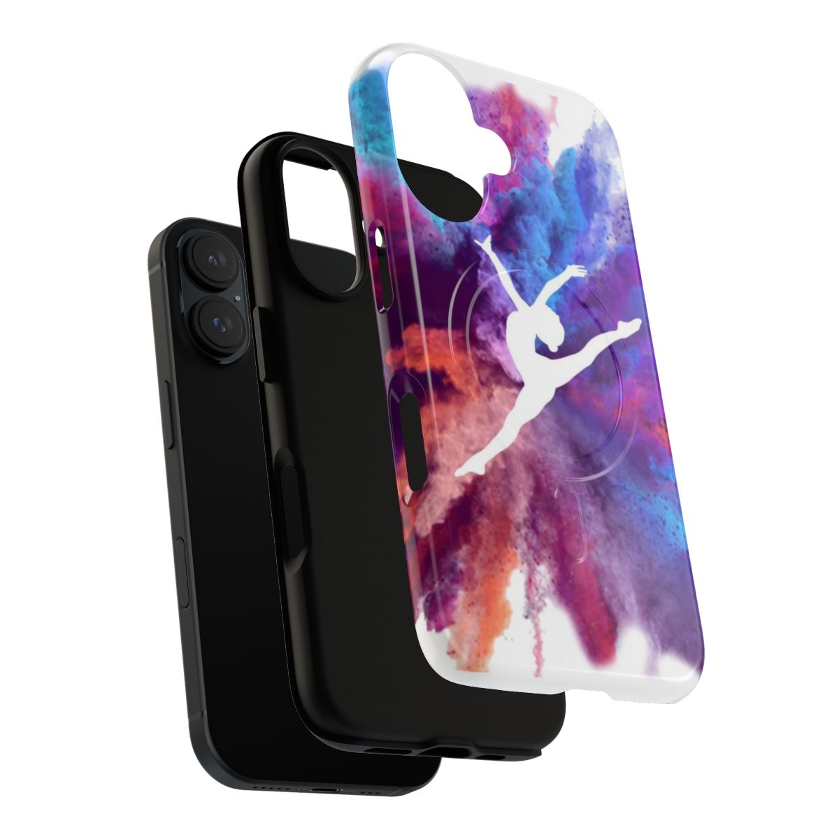 Colorful phone case featuring a gymnast in a pink leotard performing a rainbow explosion design - Layers