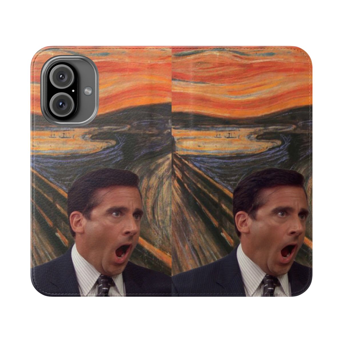 Flip cover phone case featuring a humorous parody of Edvard Munch's "The Scream" with Michael Scott's iconic quote from "The Office"