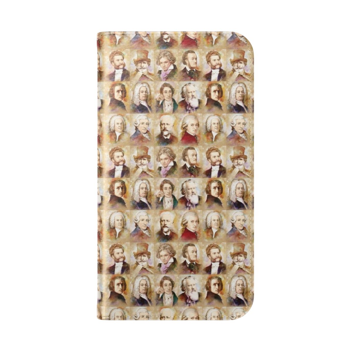 A custom flip cover phone case featuring watercolor artworks of famous classical composers like Mozart, Bach, Beethoven, and more. - Folded Back