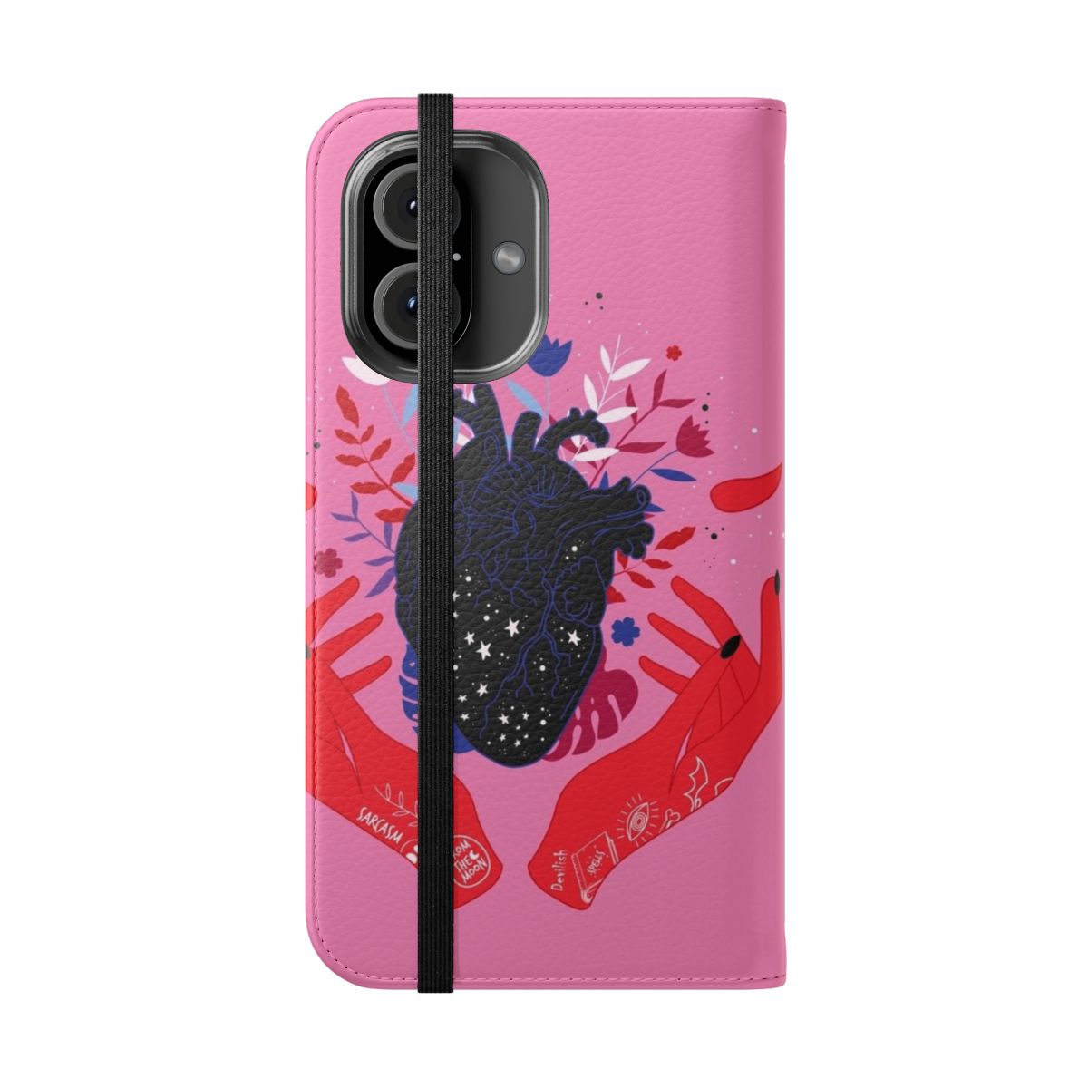 Devilish heart-themed phone case with floral pattern - Folded Front