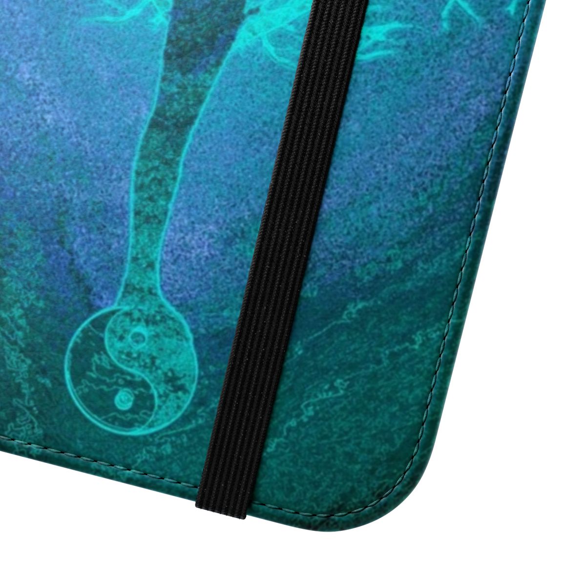 Tree of life yoga phone case in teal and aqua colors, featuring a balance and harmony design. - Close Up