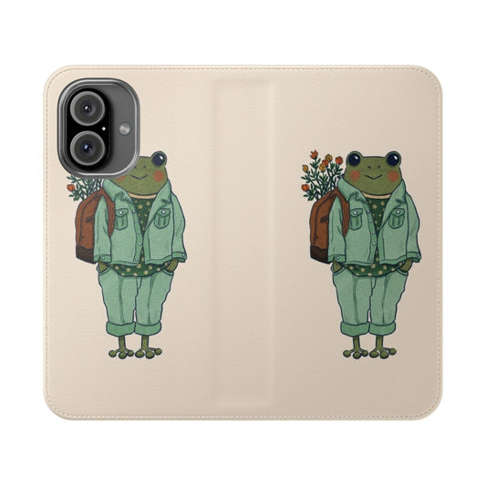 Frog phone case with cottagecore-inspired floral and polka dot design