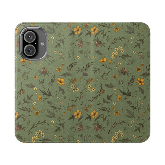 A green floral and botanical-inspired phone case with nature elements like leaves, flowers, and grass.