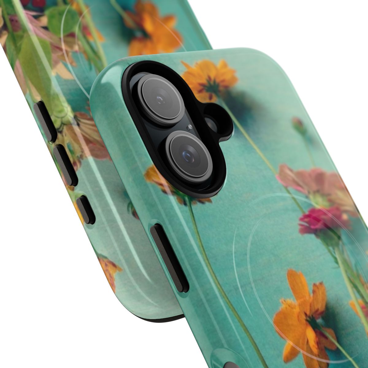 Rustic floral magnetic tough phone case with bouquet of cosmos, zinnias, and other botanical elements in aqua, blue, and orange tones. - Detail