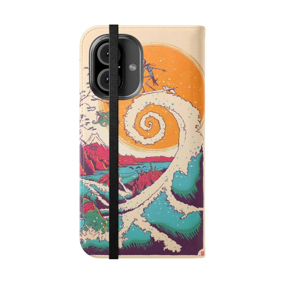 A phone case with a Halloween and Christmas themed design featuring surfers, waves, and characters from The Nightmare Before Christmas. - Folded Front