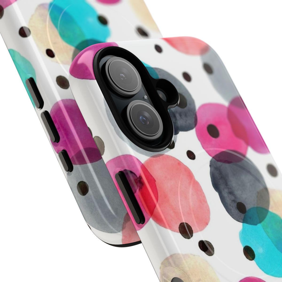 Colorful watercolor-style dots pattern on a tough, magnetic phone case - Detail