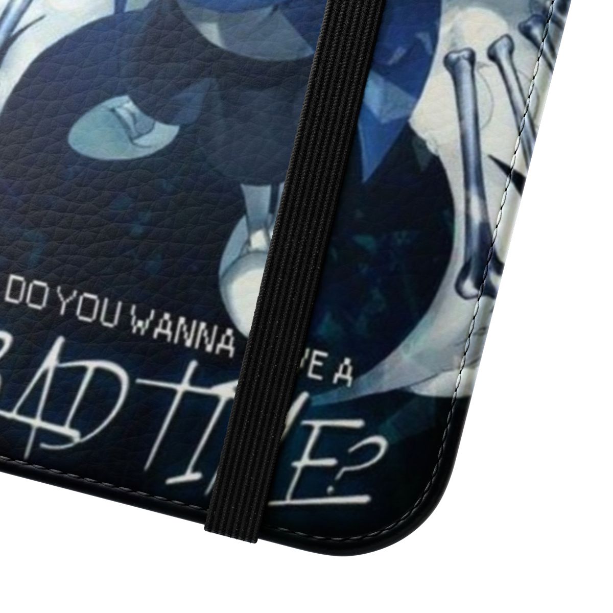 "Flip cover phone case featuring the iconic 'Bad Time Sans' character from the popular indie game Undertale" - Close Up