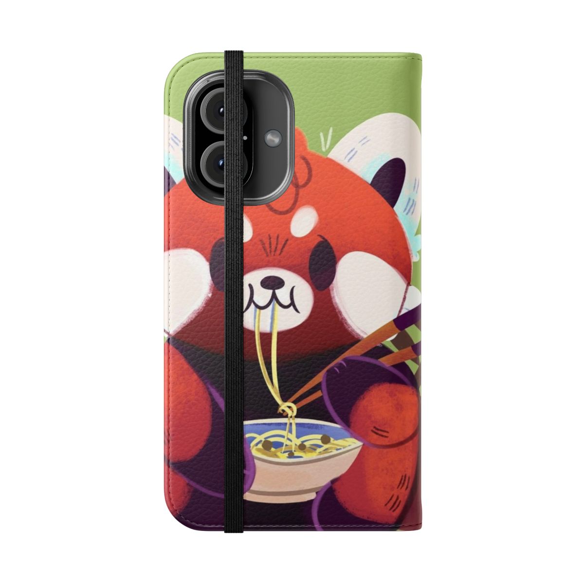 A whimsical digital illustration of a red panda enjoying a bowl of ramen noodles, featured on a phone case. - Folded Front