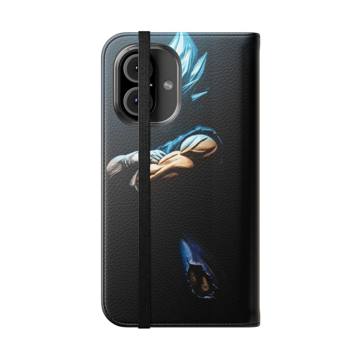 Dark-colored phone case featuring characters from the Dragon Ball Super anime series - Folded Front