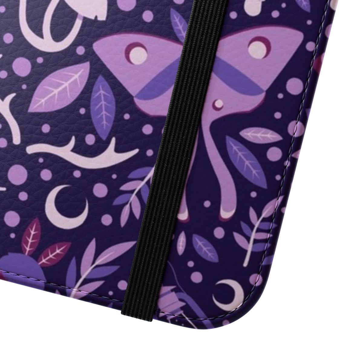 A flip cover phone case featuring a whimsical, nature-inspired design with moths, mushrooms, and other forest elements in shades of purple. - Close Up