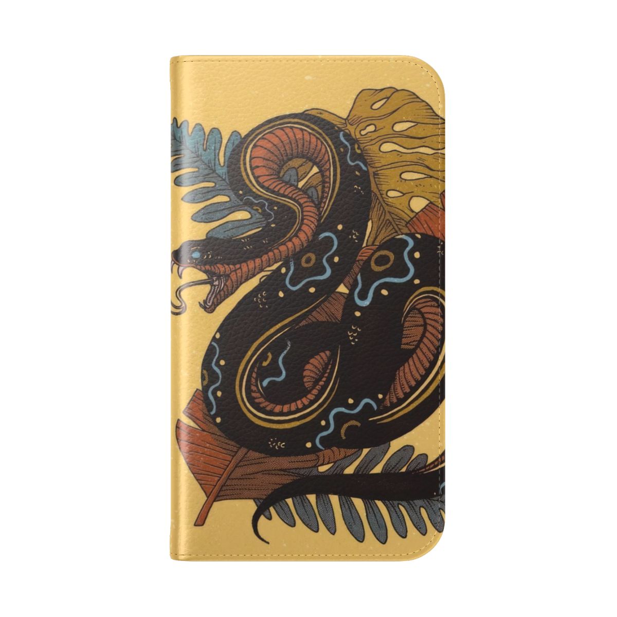 Handcrafted snake-themed flip cover phone case with a modern, artisanal design. - Folded Back