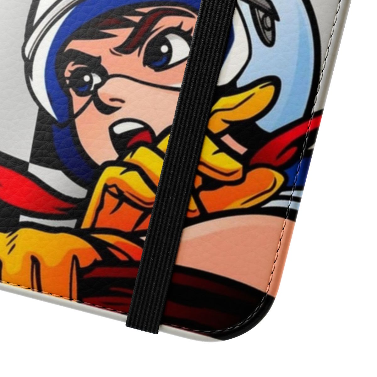 Checkered flag design flip cover phone case with racing car and anime style graphics - Close Up