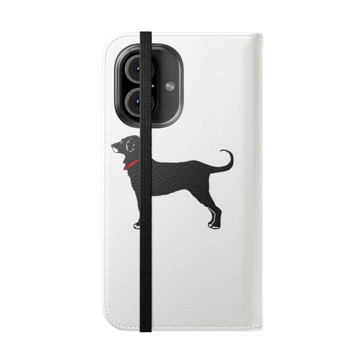 A sleek and durable black dog phone case with a labrador design, perfect for Martha's Vineyard and Cape Cod enthusiasts. - Folded Front