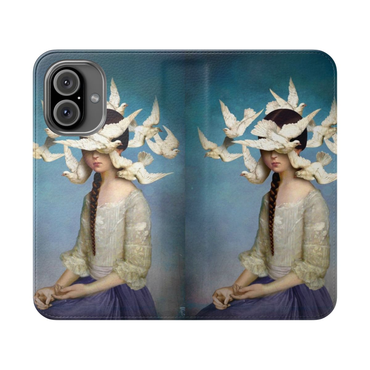 Flip cover phone case featuring a surreal portrait with birds and a dove in a dreamlike, fantasy-inspired design.