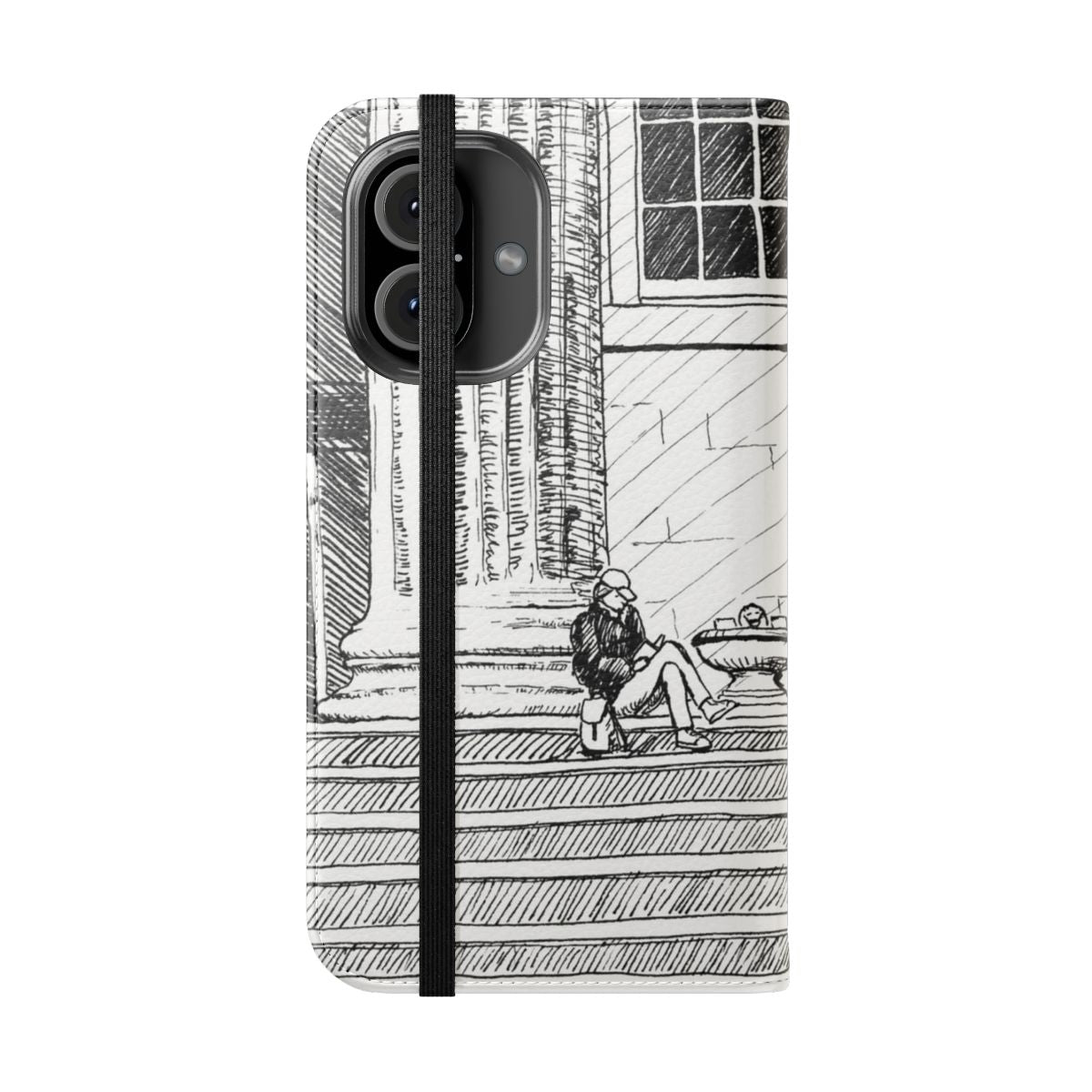 Flip cover phone case with an image of a person reading a book on the steps of a museum - Folded Front