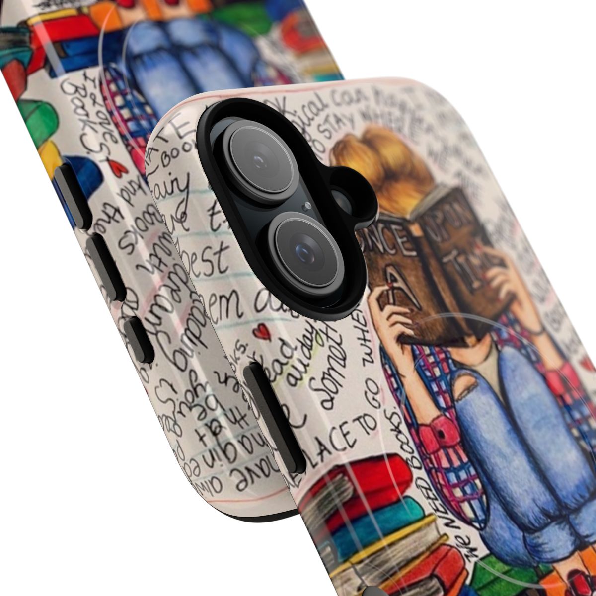 Magnetic tough phone case featuring the quote "Reading is Dreaming with Open Eyes" and a cartoon illustration. - Detail