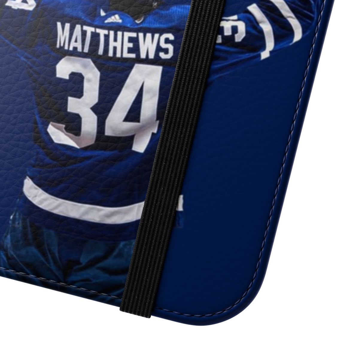 Auston Matthews-inspired hockey phone case with blue and white colors representing the Toronto Maple Leafs. - Close Up