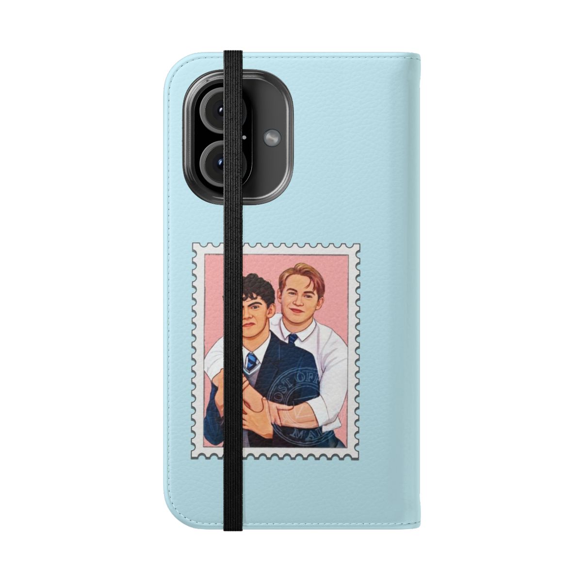 Heartstopper-inspired postage stamp flip phone case featuring characters from the Netflix series - Folded Front