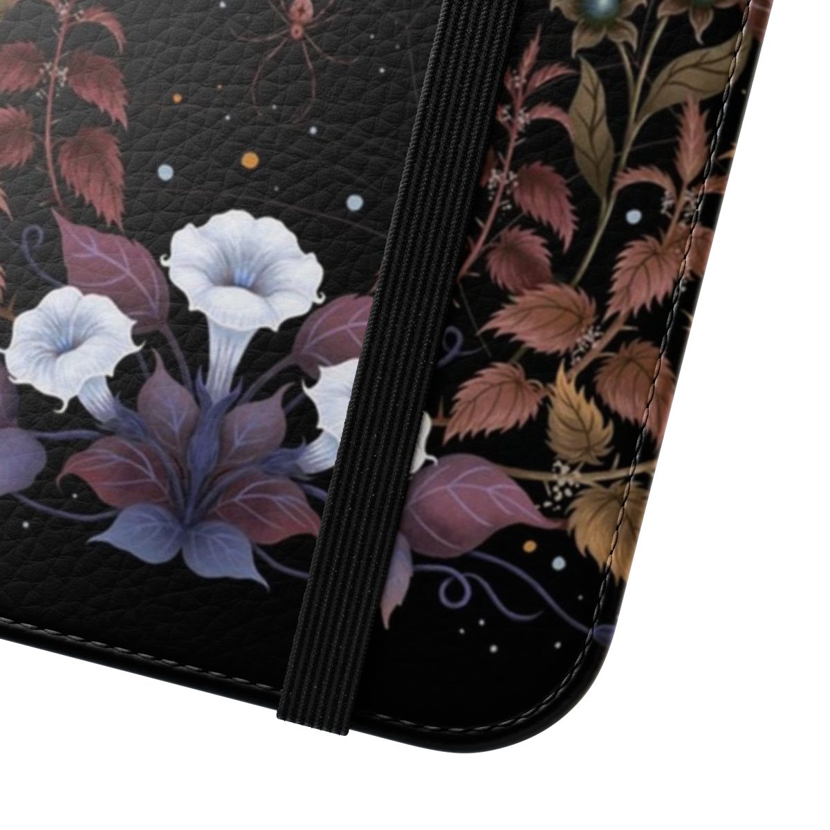 Gothic witch-themed phone case with spider web, crescent moon, and floral elements - Close Up