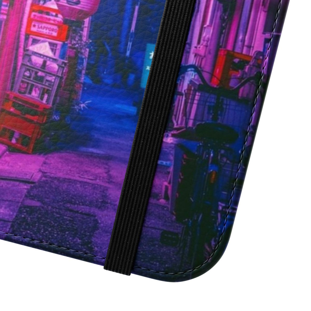 Futuristic phone case with neon lights and pastel colors, inspired by the cyberpunk aesthetic of Tokyo's alleyways. - Close Up