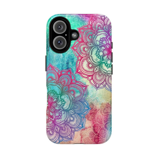 Vibrant and colorful boho-style phone case featuring a mandala and rainbow pattern design