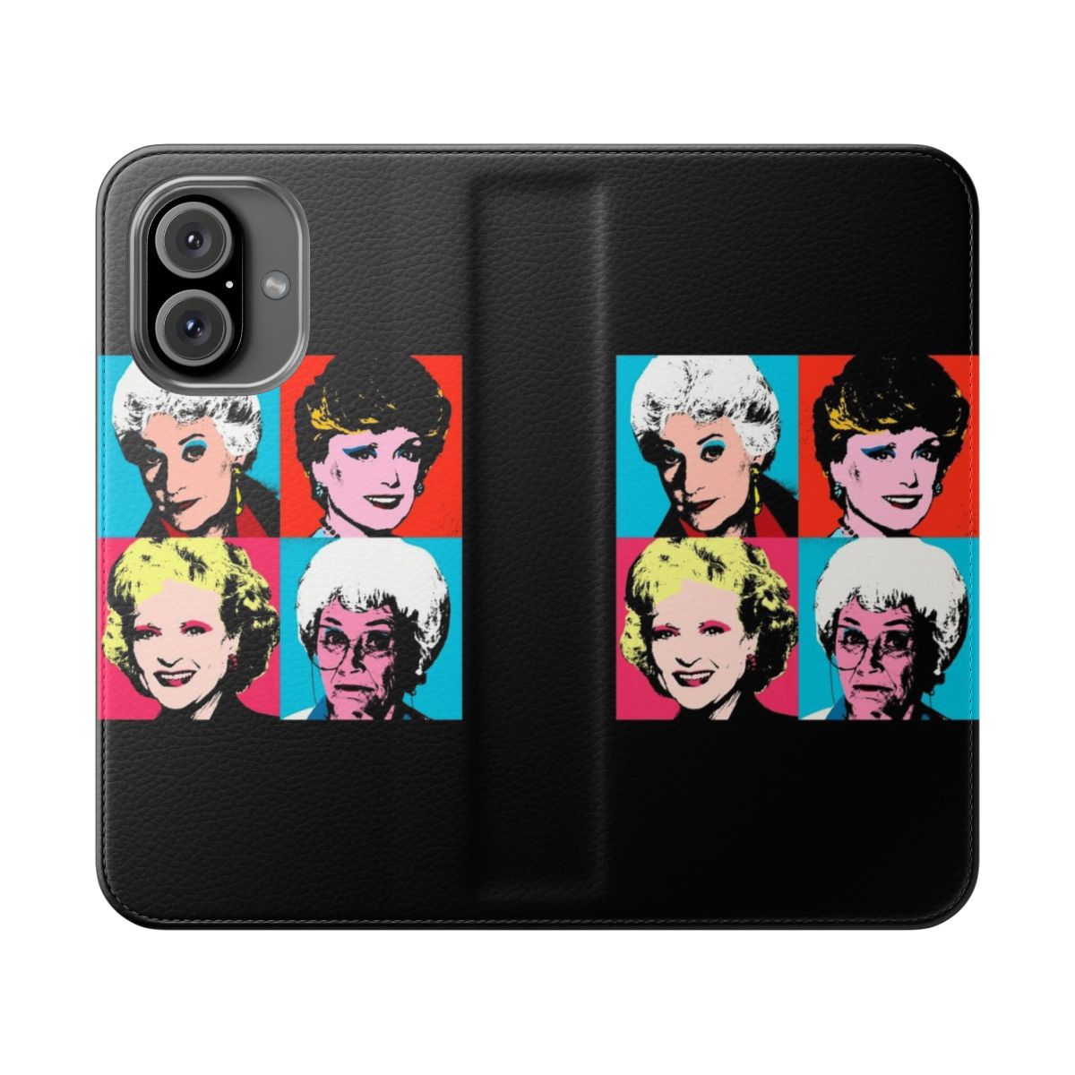 Golden-themed phone case featuring pop art-style portraits of the Golden Girls characters