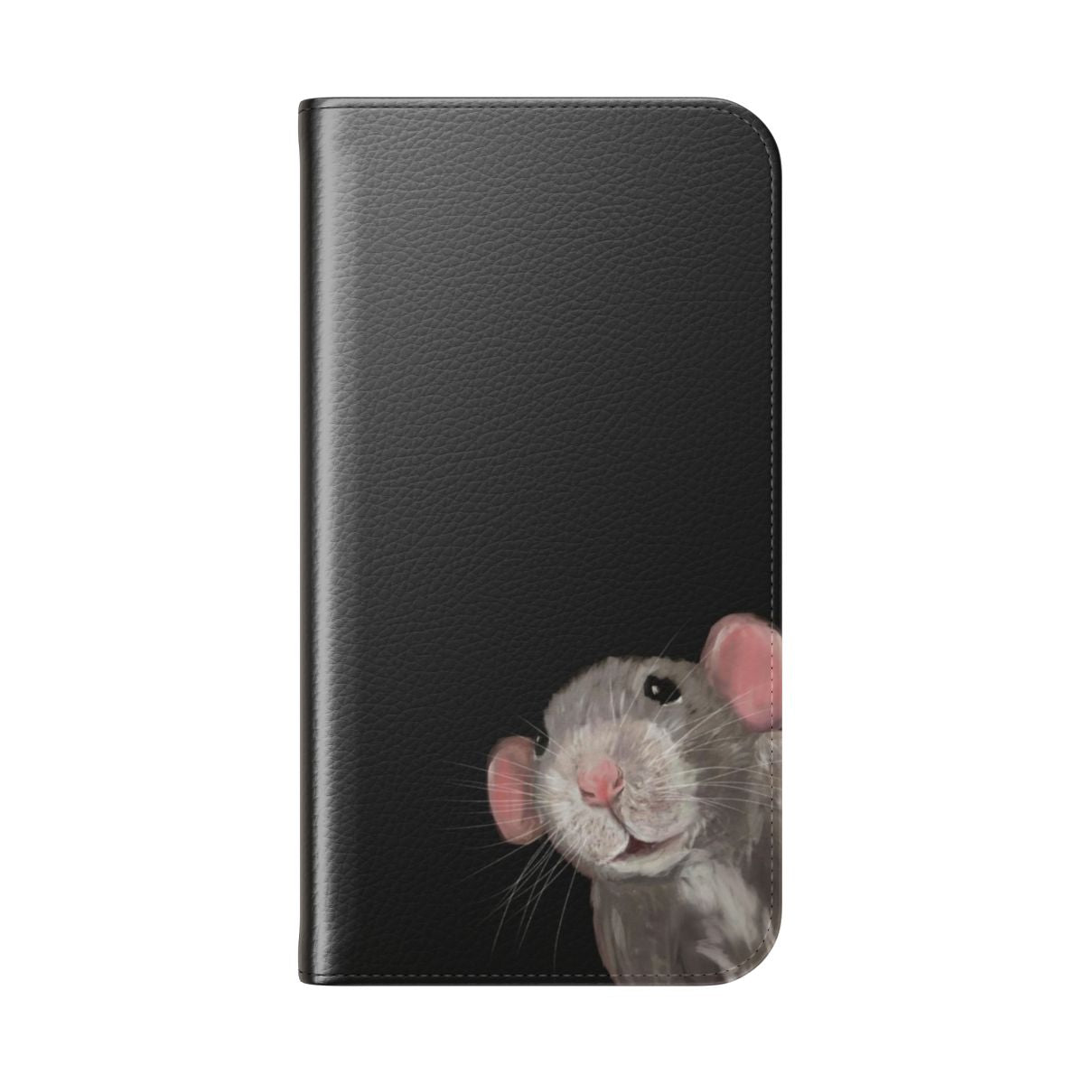 A stylish flip phone case featuring a portrait of a cute grey and black dumbo rat. - Folded Back