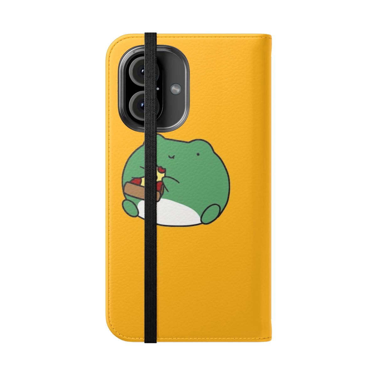 Closeup of a cute, cartoon frog eating a slice of pepperoni pizza on a flip phone case - Folded Front