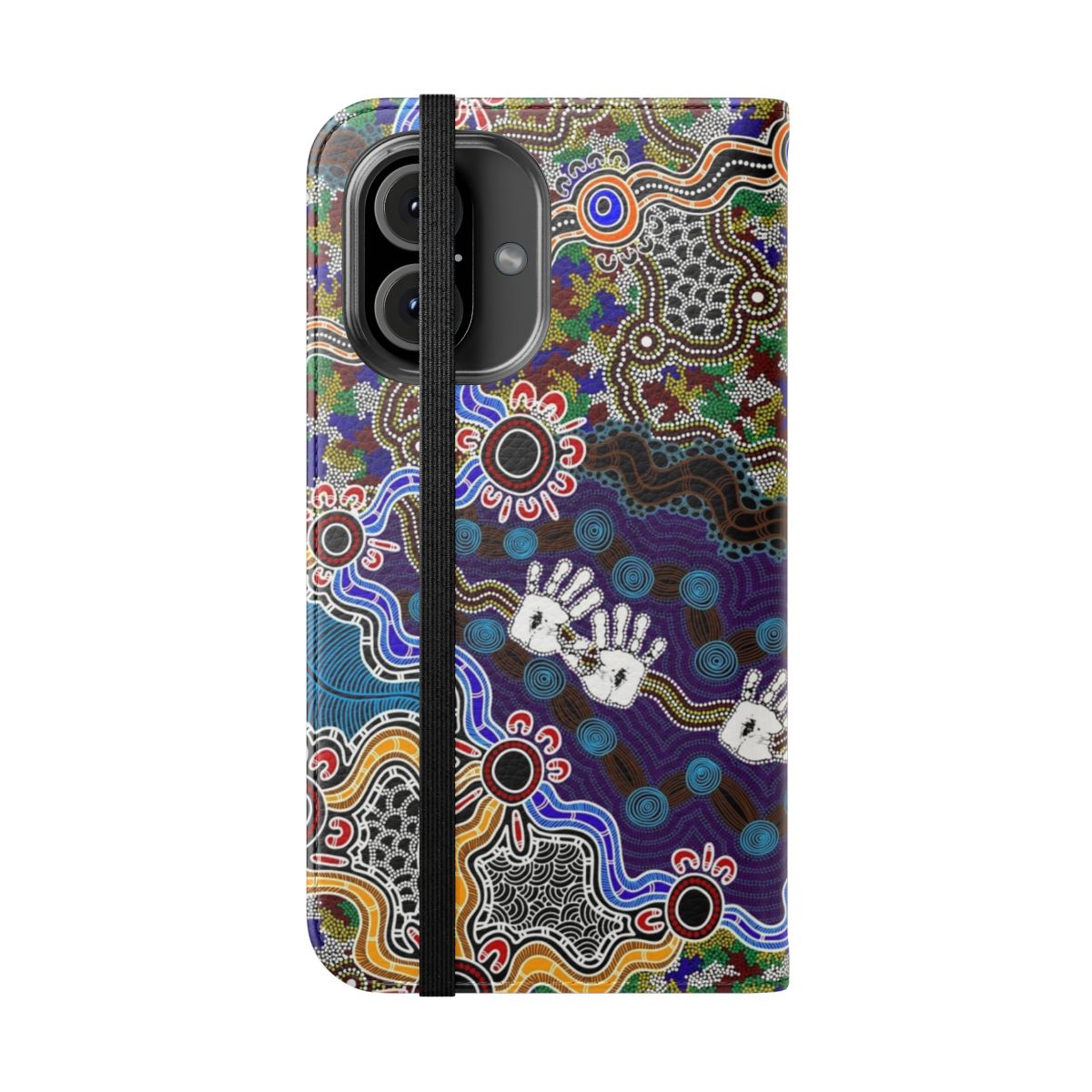 Aboriginal-inspired dreamtime art design on a flip cover phone case - Folded Front