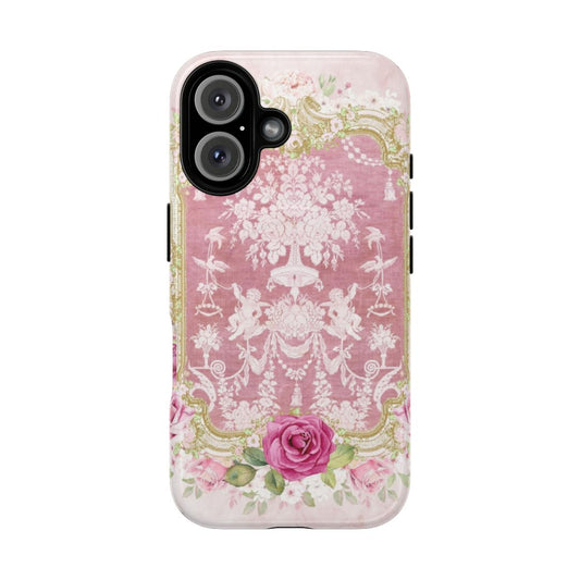 A phone case featuring a baroque-inspired floral design with pink roses, cupids, and ornate scrollwork.