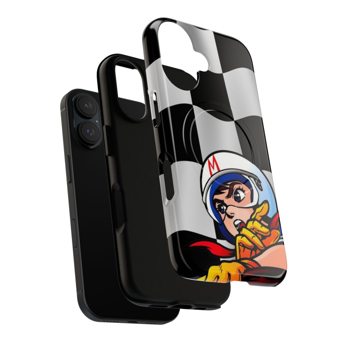 Checkered flag themed magnetic and tough phone case with speed racer, mach 5, racer x, and trixie inspired design elements. - Layers