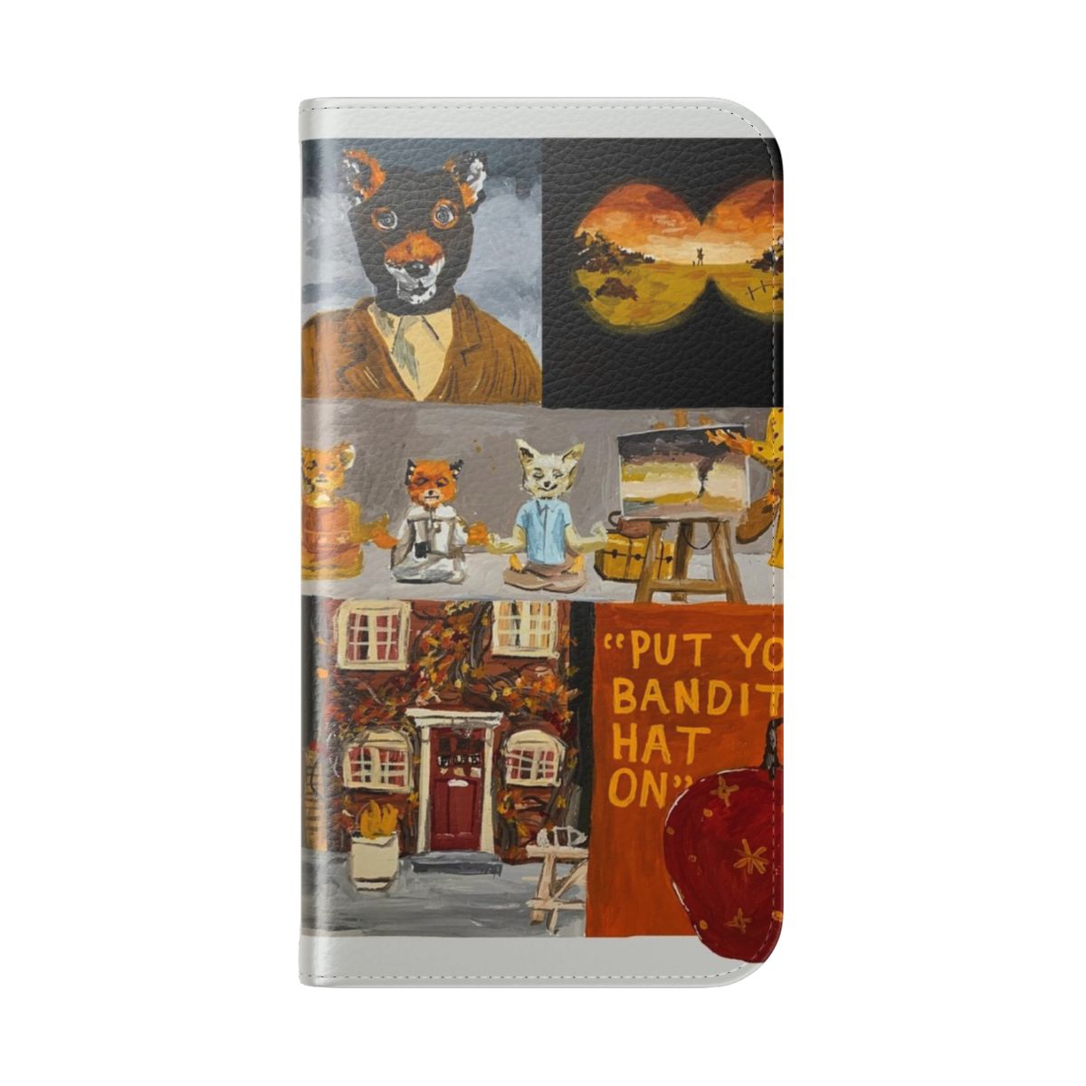 A vibrant orange phone case featuring the iconic Mr. Fox character from the Wes Anderson film "Fantastic Mr. Fox". - Folded Back