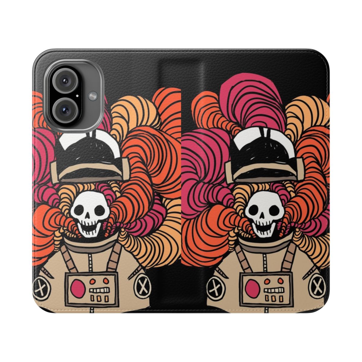 Flip cover phone case with space-inspired astronaut and skeleton graphic design