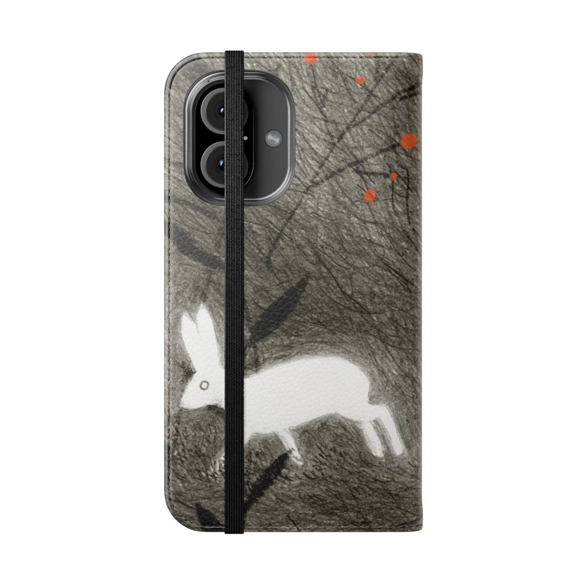 Hare-themed flip cover phone case in a natural, botanical design - Folded Front