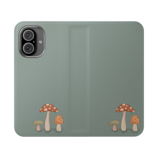 Whimsical cottagecore-inspired flip cover phone case featuring a charming mushroom illustration