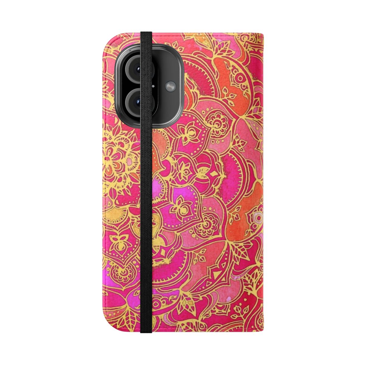 Closeup of a vibrant, bohemian-style floral phone case cover in shades of pink, gold, and orange. - Folded Front