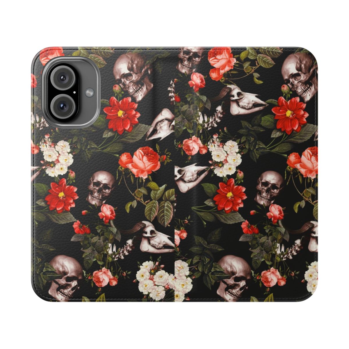 Spooky skull and floral pattern flip phone case