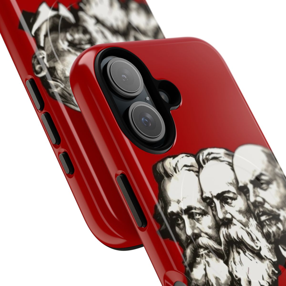 Vintage Marxist revolution phone case featuring Soviet propaganda icons Marx, Engels, and Lenin - Detail